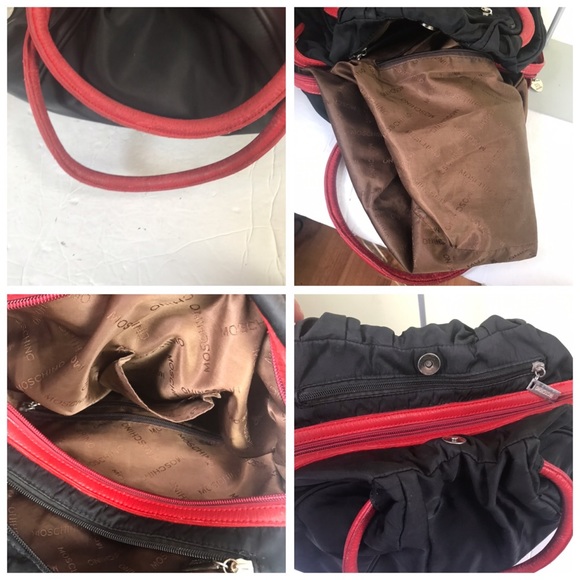 MOSCHINO Vintage 90s Nylon Leather Shoulder Bag Hobo Zipper Pocket Red Logo Tote - Picture 15 of 16